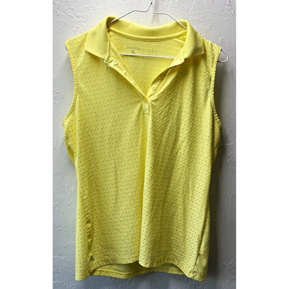 Antigua Women’s Polo Top L Yellow Solid Sleeveless Collared Button Front